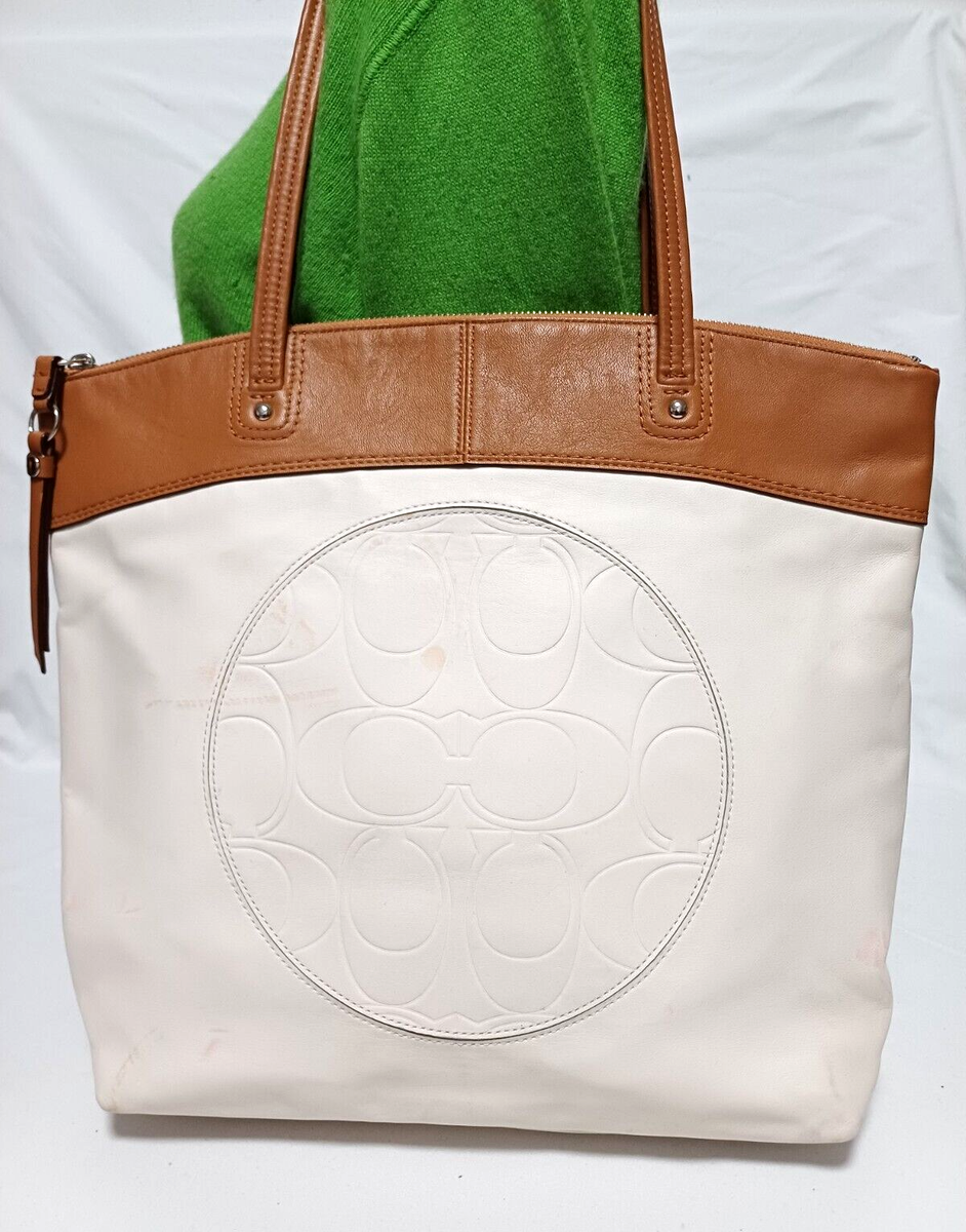 COACH レザーケース ホワイト/ブラウン COACH LAURA TAN & IVORY LEATHER CARRYALL TOTE HANDBAG F18336 | eBay