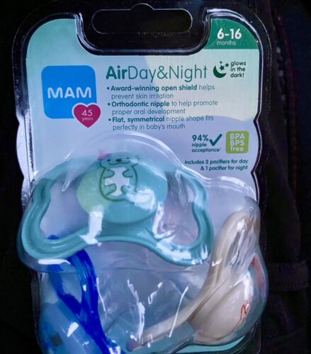 MAM Pacifier Air Day & Night - 3 pk - 6-16 Months NEW - Button Glows In The Dark - Picture 1 of 16
