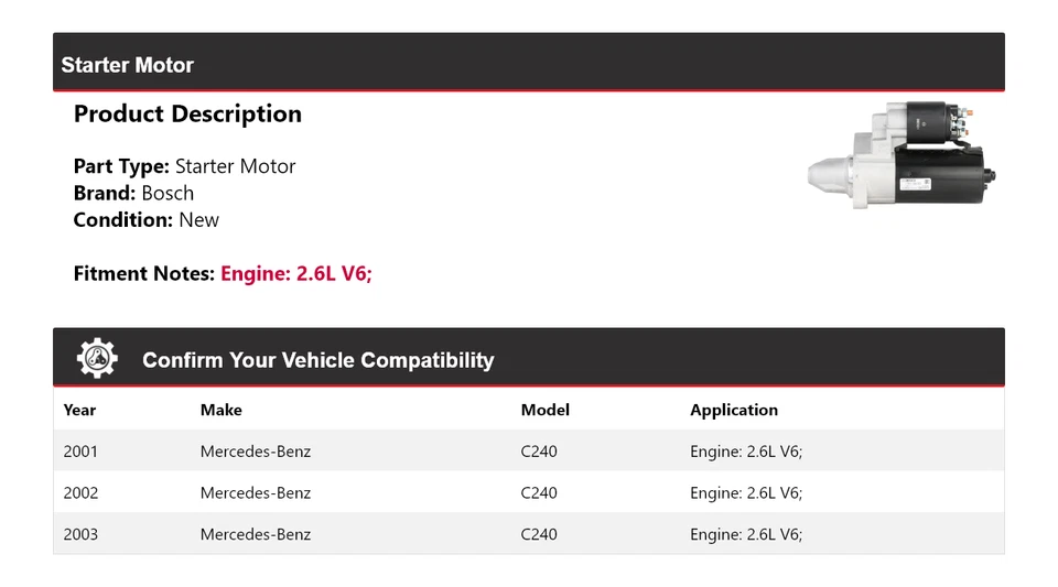 Для 2001-2003 Mercedes C240 2,6 л V6 Bosch стартер (новый) 2002 - Изображение 2 из 4