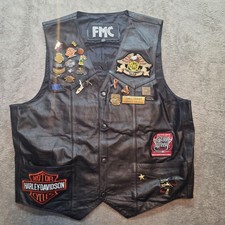 Vintage FMC Leather Vest Mens 46 Black Harley HOG Augusta Biker Patches Pins