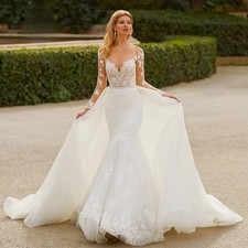 Mermaid Wedding Dresses 2 IN 1 V-neck Appliques Long Sleeve Backless Bride Gown
