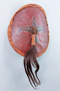 Small Plains Ceremonial Shield with Thunderbird and Hair Drop 9" dia