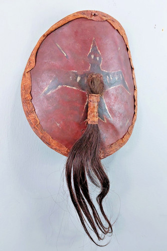 Small Plains Ceremonial Shield with Thunderbird and Hair Drop 9" dia