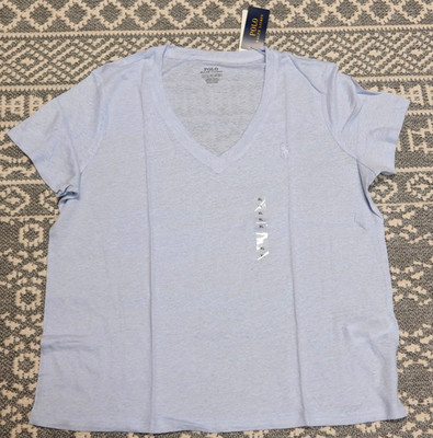 New Polo Ralph Lauren Women's Linen V-Neck Tee T-Shirt - Size XL - Light Blue