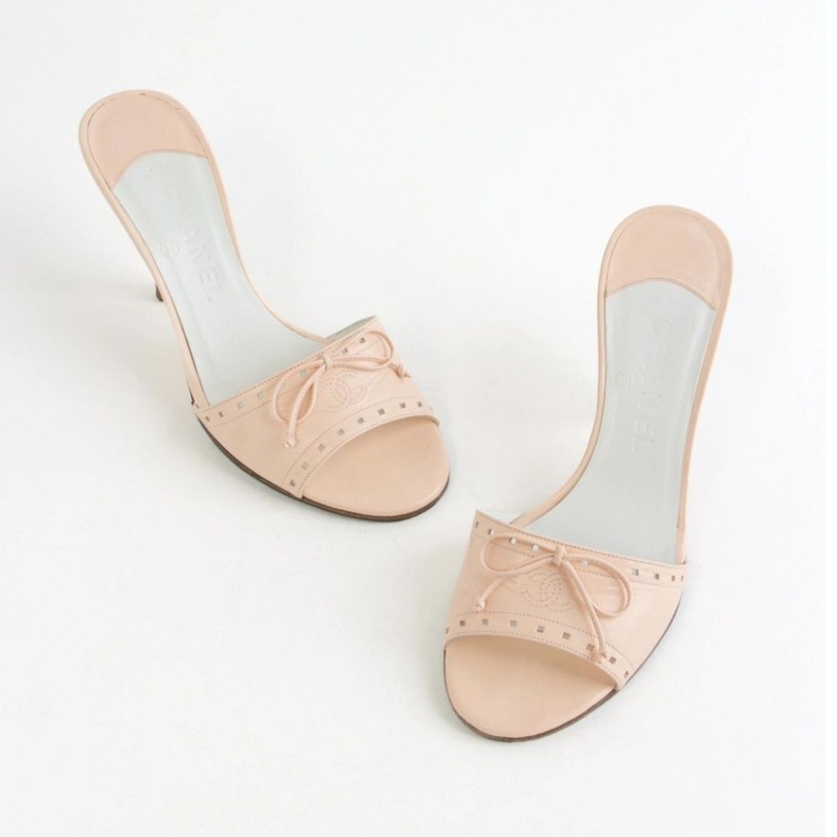 Sandals Pastel Chanel Shoes CHANEL Y2K Bow Logo Kitten Heel Open