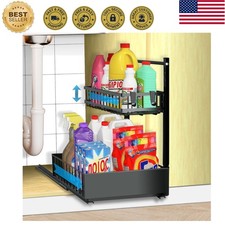 Elegant Black Under Sink Organizer with Adjustable Height - 2-Tier Solution