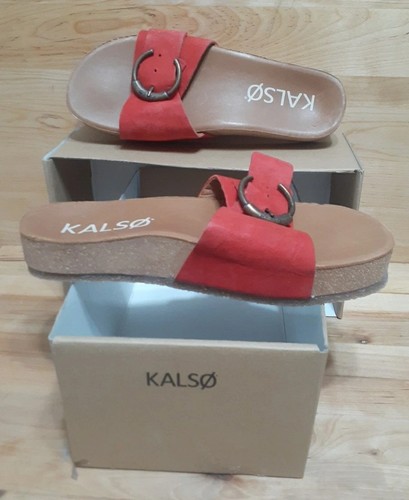 NEW KALSO Earth Sway Size 9.5 WOMEN RED Leather Cork Slides Buckle Sandals Shoe - 第 1/4 張圖片