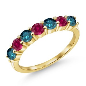 Authentic 1.35 Ct Round Blue Diamond Red Created Ruby 18K Yellow Gold Plated Silver Ring