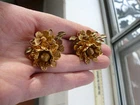 Vintage Signed Miriam Haskell Russian Gold Flower Clip Earrings Signed
