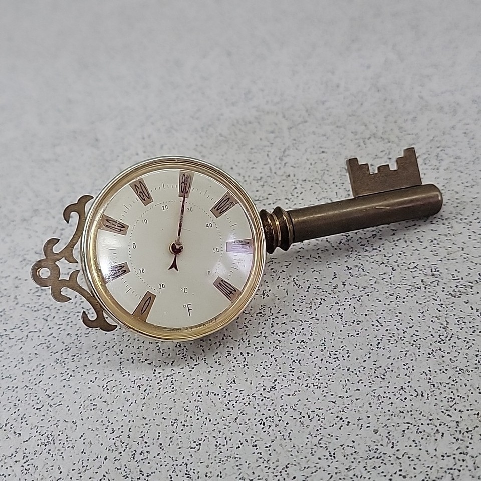 Unusual Vintage Key Shaped Thermometer Retro Metal Brass
