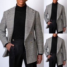 Wide Peak Lapel Men's Jacket Casual Houndstooth Leisure Double Breasted Blazer