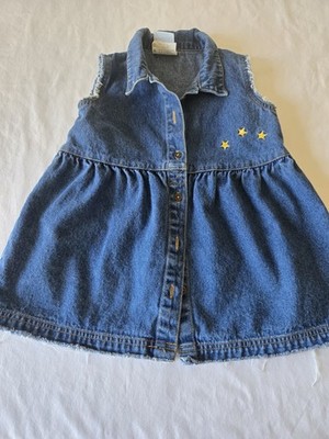 Vintage Little Miss Denim Girls Button Up Dress W Star Details Sz 24mo