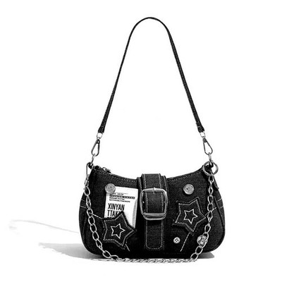 Women Fashion Shoulder Bag Large Capacity Star Denim Underarm Bag Retro 