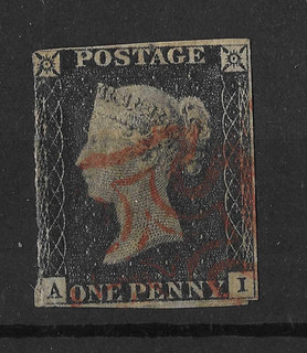 GB 1840 QV Penny Black 1d Black Red Maltese Cross Lettered A I