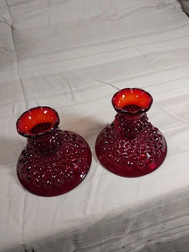 Vintage Ruby Red Hobnail Candle Holders - Pair, #3974