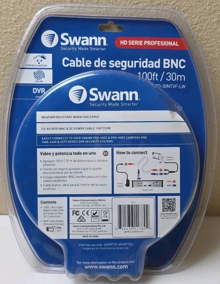 Swann BNC 100-ft 1 Solid White Security Cable-804942 - Image 2 of 3
