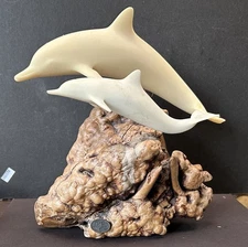 Large John Perry Burl Wood Dolphin Sculpture Beautiful, Complete Pair Dolphins