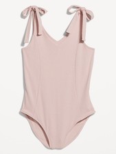 Tie-Shoulder V-Neck Rib-Knit Bodysuit Abalone Pink Old Navy Size XS Dance Ballet