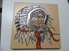 1984 Earthtones 6” Pottery Art Tile Trivet Indian Chief Feather Head Dress