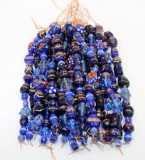 10 Strands Lamp Work Glass Beads, Blue color multi shape Fancy Glass Beads.