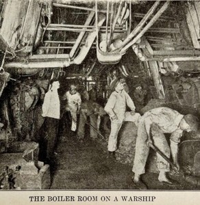 1914 WW1 Print Boiler Room On A Warship Antique Military Period Collectible