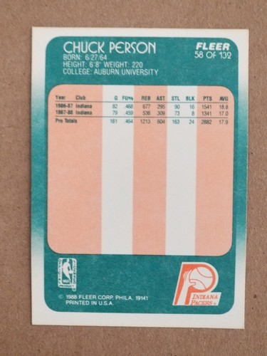 1988-89 Fleer Chuck Person #58 Indiana Pacers - Picture 2 of 2