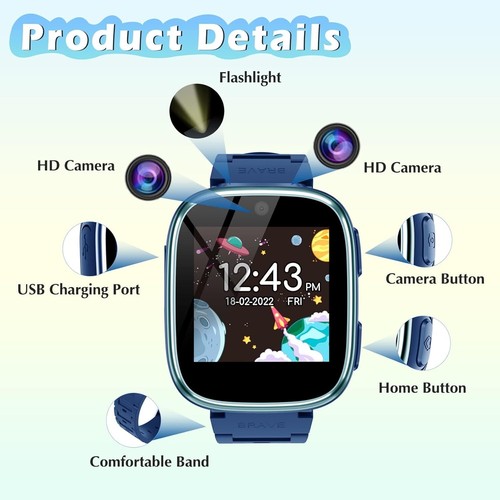 Kids Smart Watch, 15 Games Camera Alarm Video Music Player Pedometer Flashlight - Picture 2 of 7