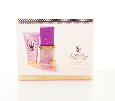 NEW MOR Luxurious Peony Blossom 3-Piece Trio -Soapette, perfume Oil Hand  Cream