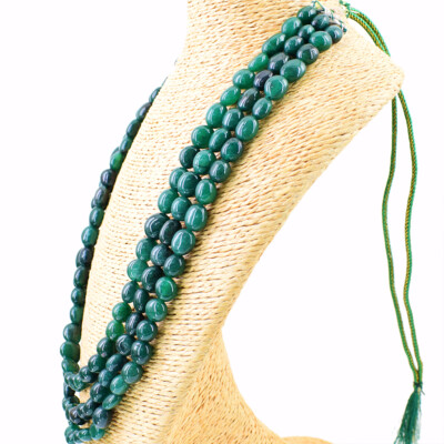720.00 Cts Earth Mined 3 Line Green Emerald Oval Shape Beads Necklace NK 29E128