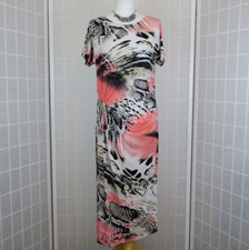 Saloos Dress Size 14 Peach White Black Abstract Snakeskin Print Ruched Ties Slit