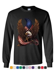 USA Stars and Stripes Long Sleeve T-Shirt Patriot American Pride Bald Eagle Tee