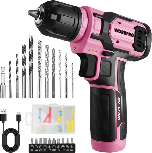 Pink Power Drill Set, 8V Cordless Drill Driver Set with 53Pcs Bit Set, 2.0Ah Ele