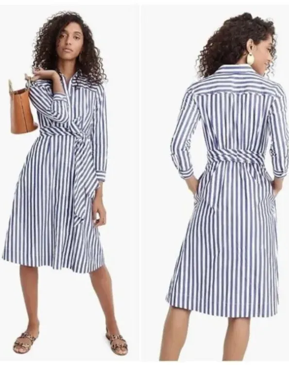 J.Crew Cotton Poplin Shirt Dress Tie Waist Blue White Stripes Size 00 | eBay