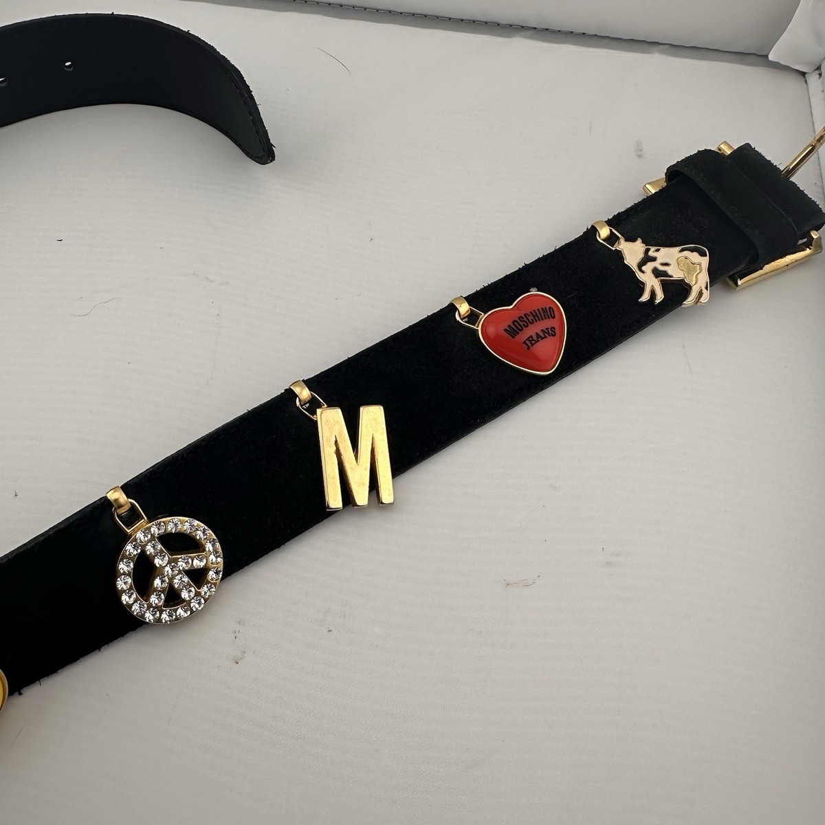 Vtg Moschino Black Suede Charm Belt Sm Cow Heart‎ Smiley Face Logo Novelty Retro Vintage MOSCHINO Iconic Love Peace Smiley Cow Charm Black  main image 4