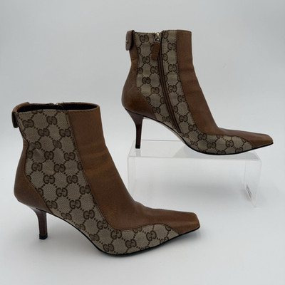 Gucci GG Monogram Canvas & Leather Ankle Boots Zip Square Toe Brown Beige 7