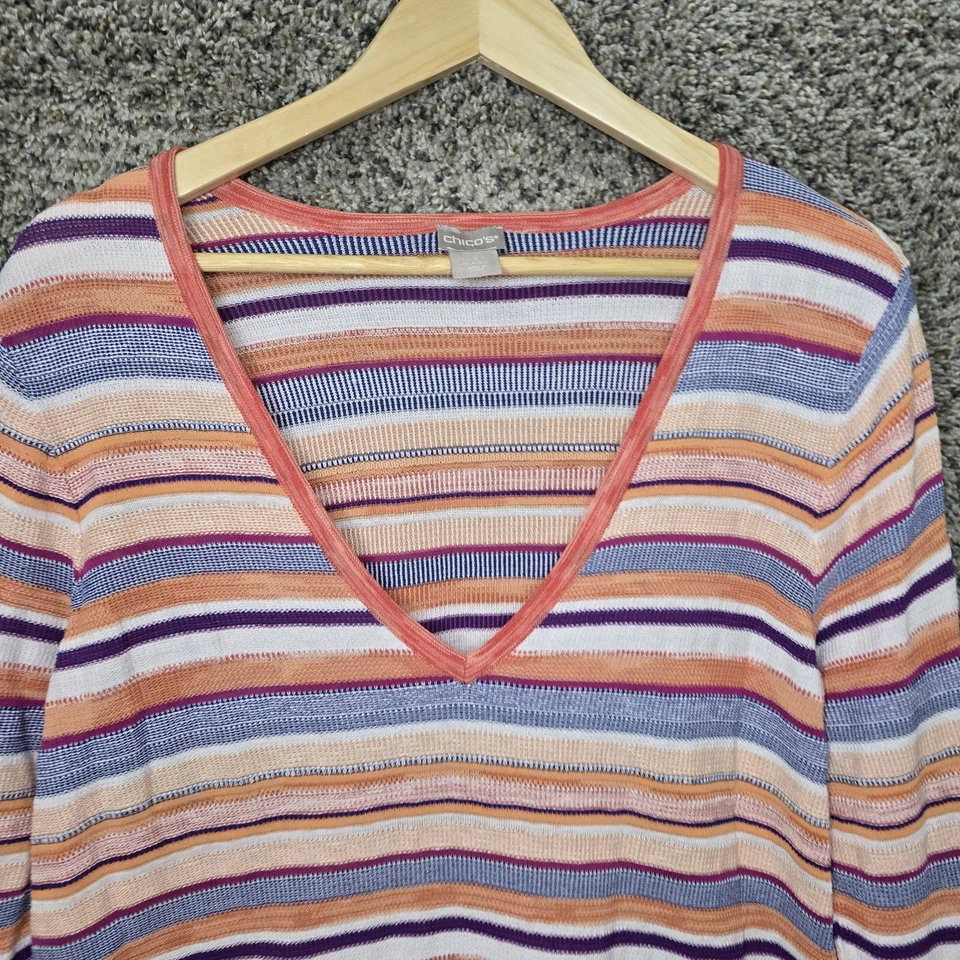 Chicos Top Mujer 3 US XL Naranja Rayas Cuello en V Tejido Abierto Pullover Informal Damas Foto 4 de 4