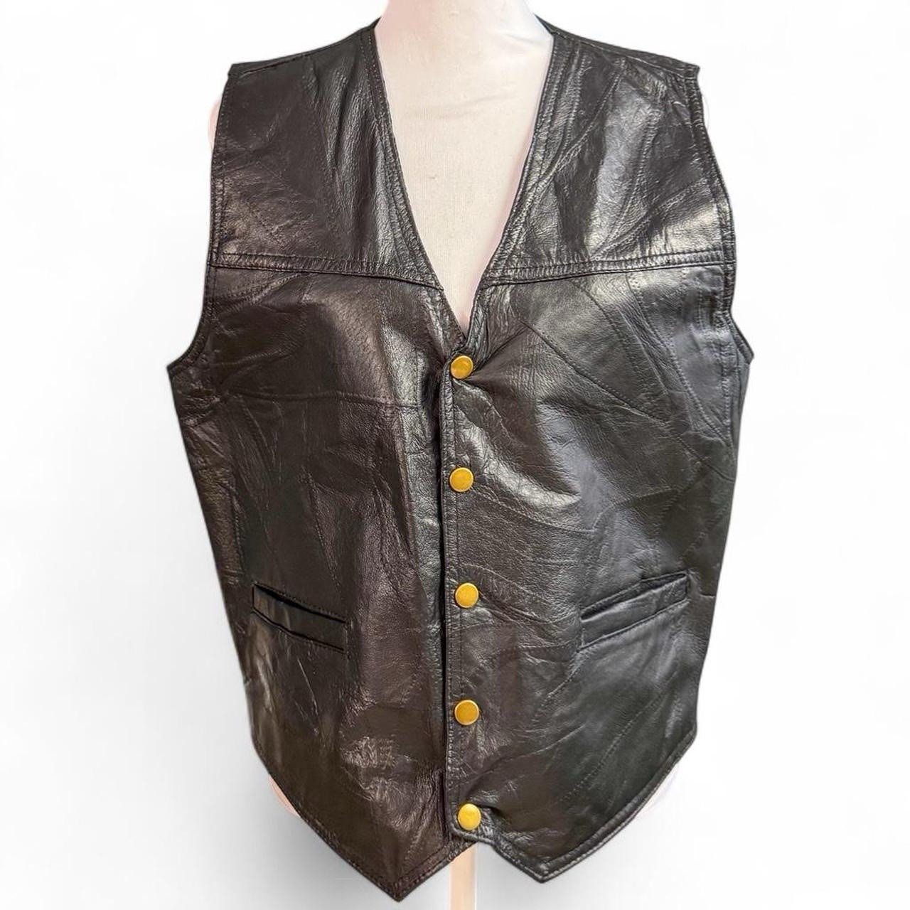 Vintage Black Leather Patchwork Snap Button Vest … - image 1