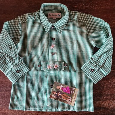 NWT ISAR-TRACHTEN Kids L/S Shirt Sz 92 US 2 Green White Gingham Embroidered NEW