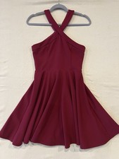 Lulus Burgundy Halter Skater Dress Fit & Flare Stretch Ponte Cocktail