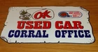 VINTAGE "CHEVROLET OK USED CAR CORRAL OFFICE COWBOY" 12" METAL GASOLINE OIL SIGN