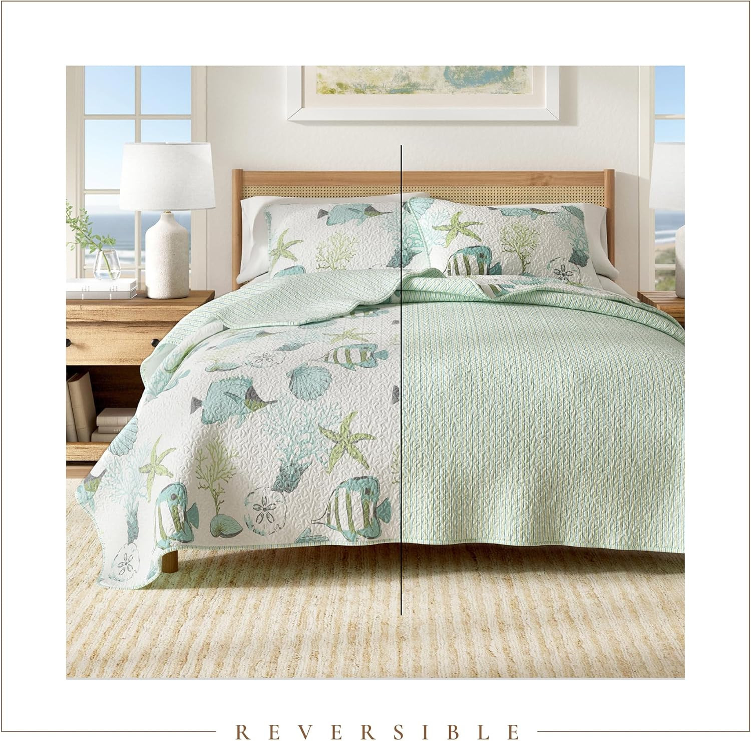 Full/Queen Coastal Quilt Set with Shams, Reversible Nautical Bedding 3-Piece Blu