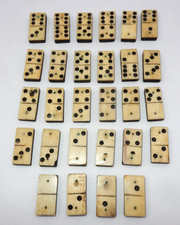 ANTIQUE SET OF 28 VICTORIAN BONE  EBONY DOUBLE SIX POCKET DOMINOES