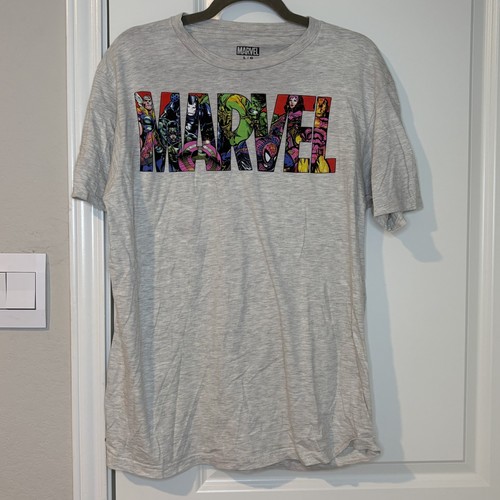Marvel Gray T-Shirt Size L Multi Hero Group Colorful Lettering
