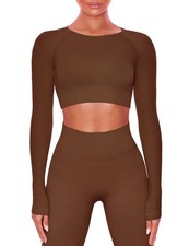 Workout Sets 2 Pieces Long Sleeve Yoga Outfits Gym Clothes Seamless Ribbed Cr...