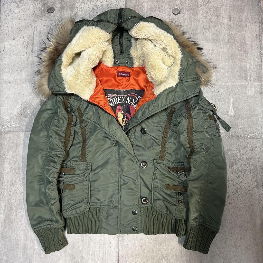 ジャケット・アウター archive n-2b flight jacket real fur AVIREX N-2B Fur Jacket M Green X Brown X Orange Width 48cm