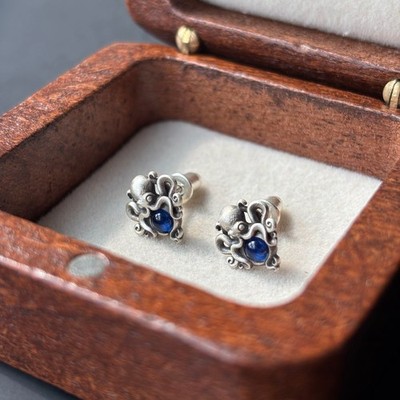 Oxidized Sterling Silver Octopus Studs Blue Zircon Tentacle Jewelry Gift