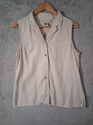 August Silk Womens 100% Silk Sleeveless Button Down Blouse Shirt Cream Beige L