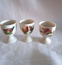 2 Vintage 40's~50's Germany Egg Cups w/ Chickens &  1 pink rose -unknown origin