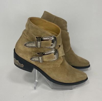 Toga Pulla Western Ankle Boots Womens 9 Taupe Beige Suede Silver Buckle Booties