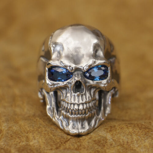 925 Sterling Silver Smile Skull Blue CZ Eyes Biker Ring TA464C UK Size W½ - Picture 4 of 12